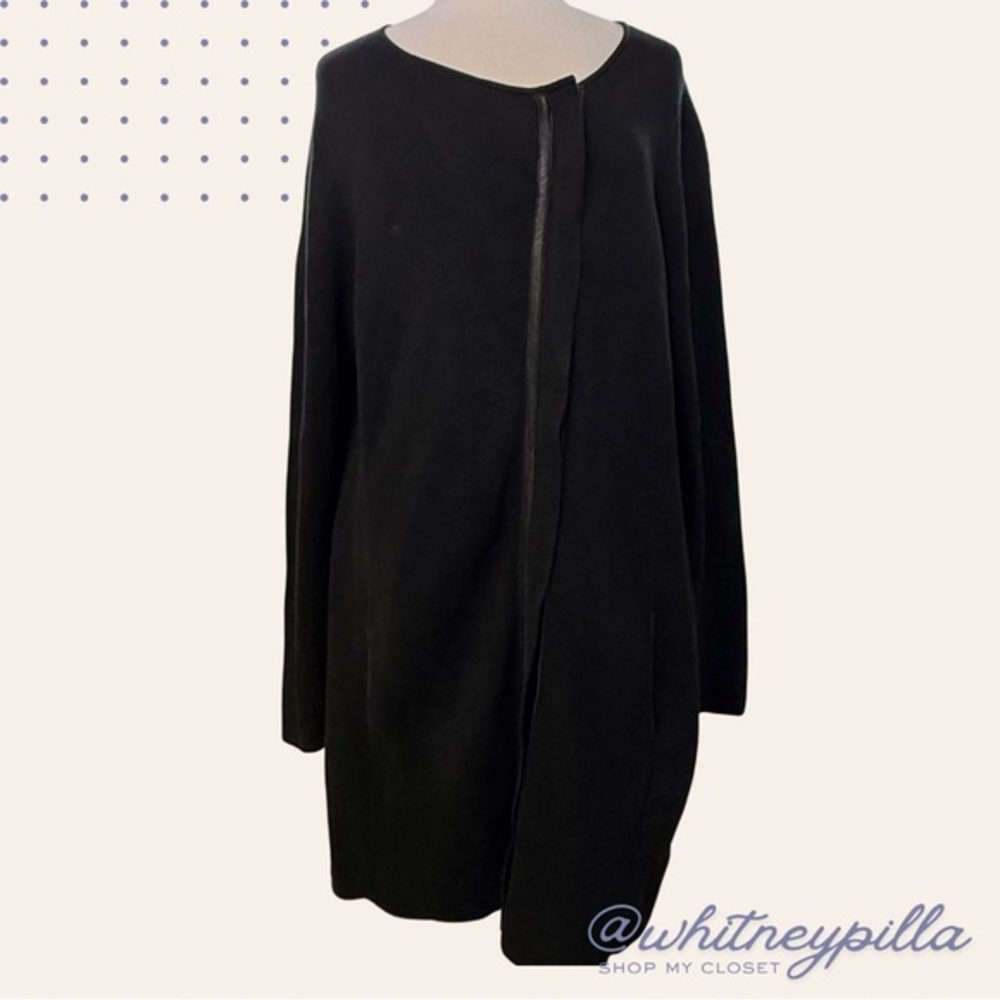 Eileen Fisher Long Knit Cardigan Jacket, Black Silk-Cotton Blend leather trim XL - Picture 1 of 12
